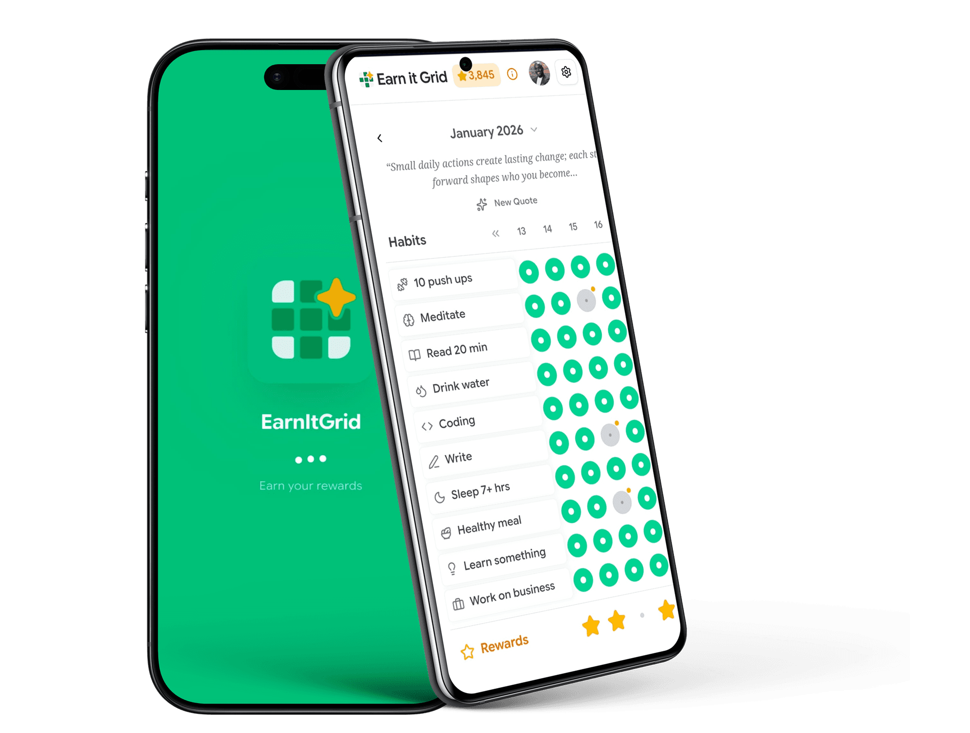 EarnItGrid app showing the habit tracking grid and splash screen on two phones